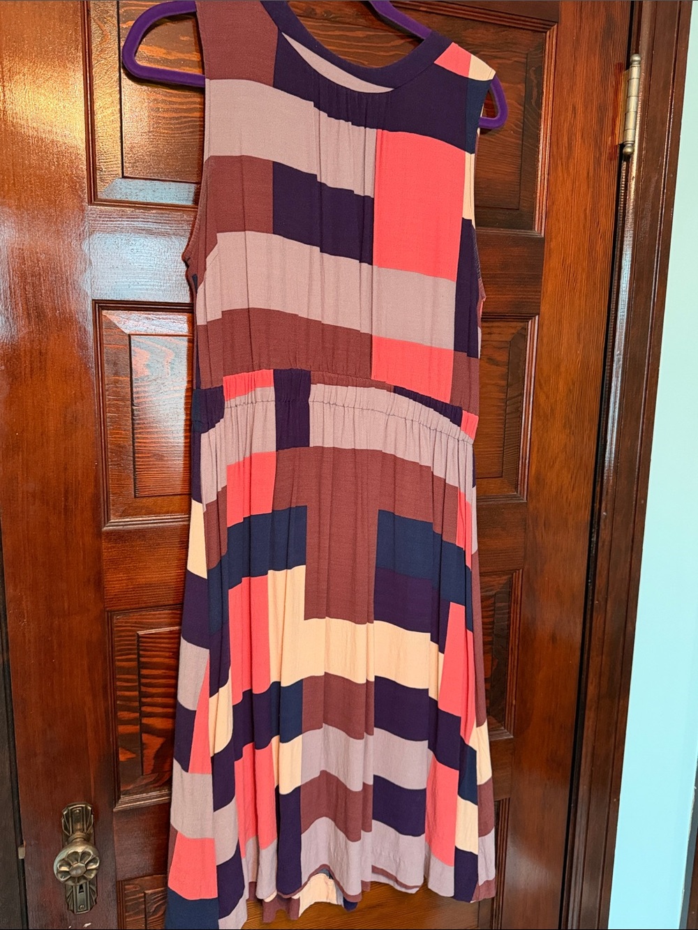 Boden Sleeveless Geometric-Patterned Midi Dress in Coral, Navy & Mauve